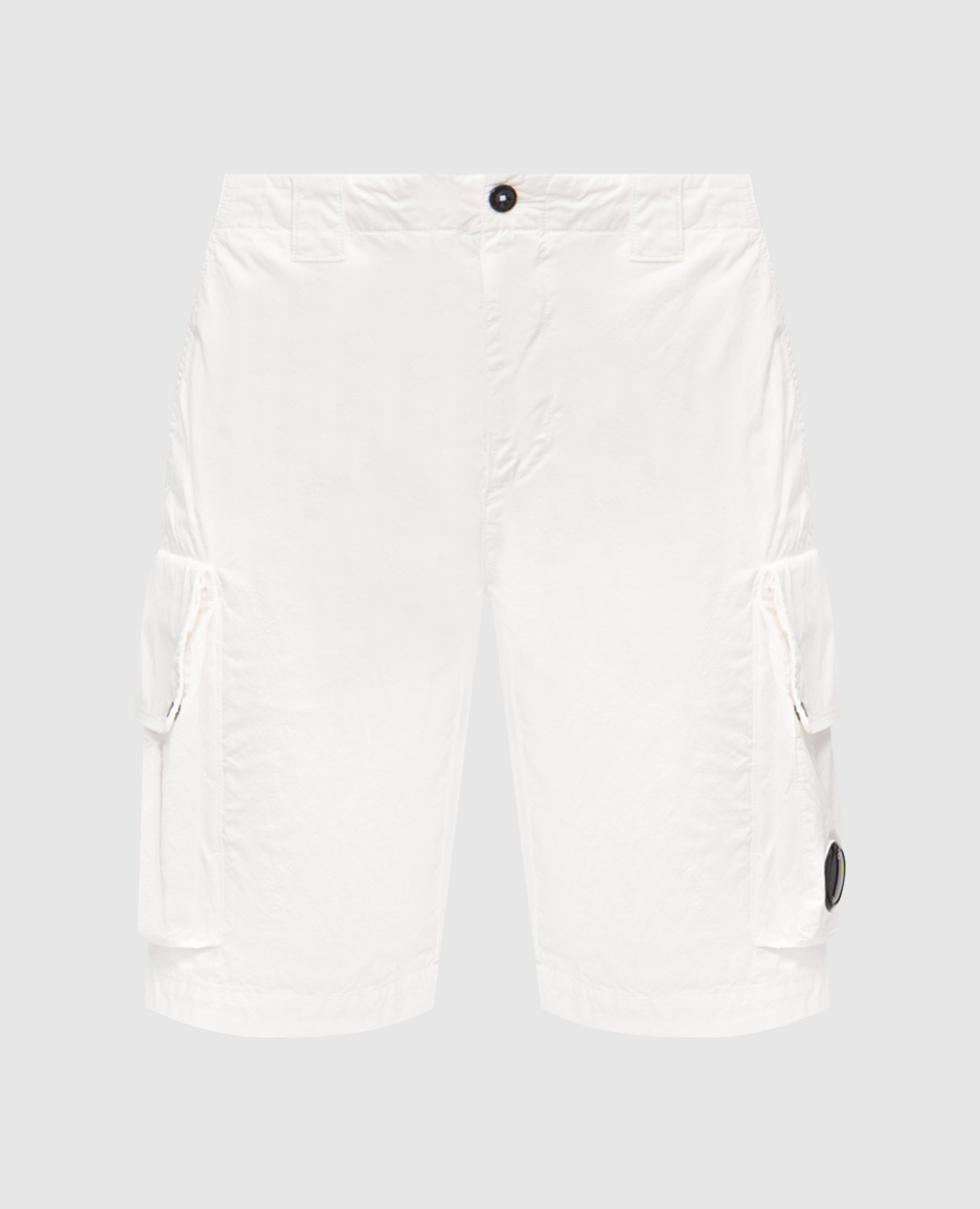 White cargo shorts with logo patch