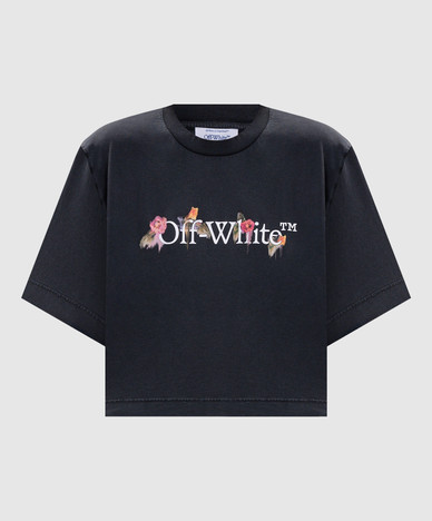Graues, kurzes T-Shirt mit floralem Logodruck