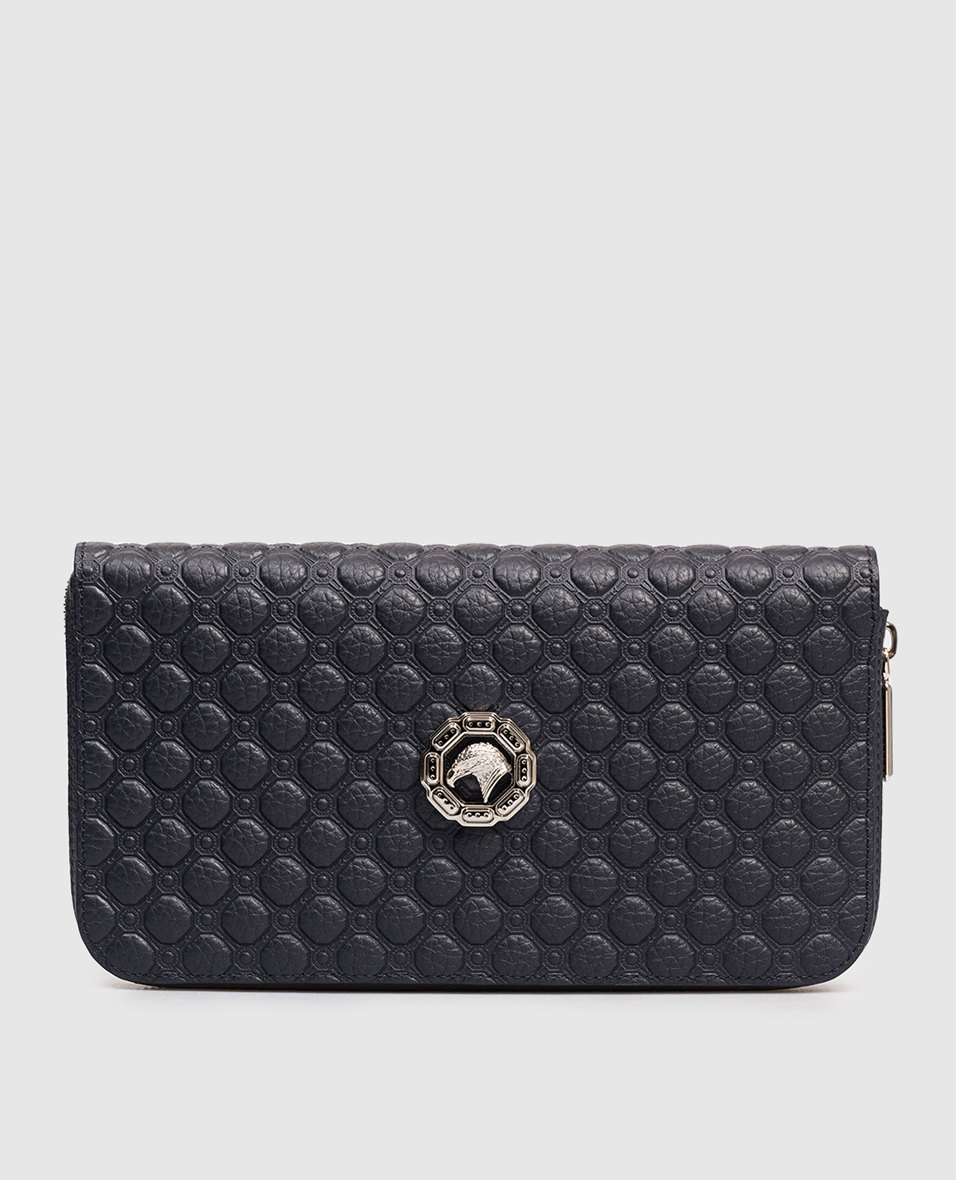 Blue leather clutch with emblem