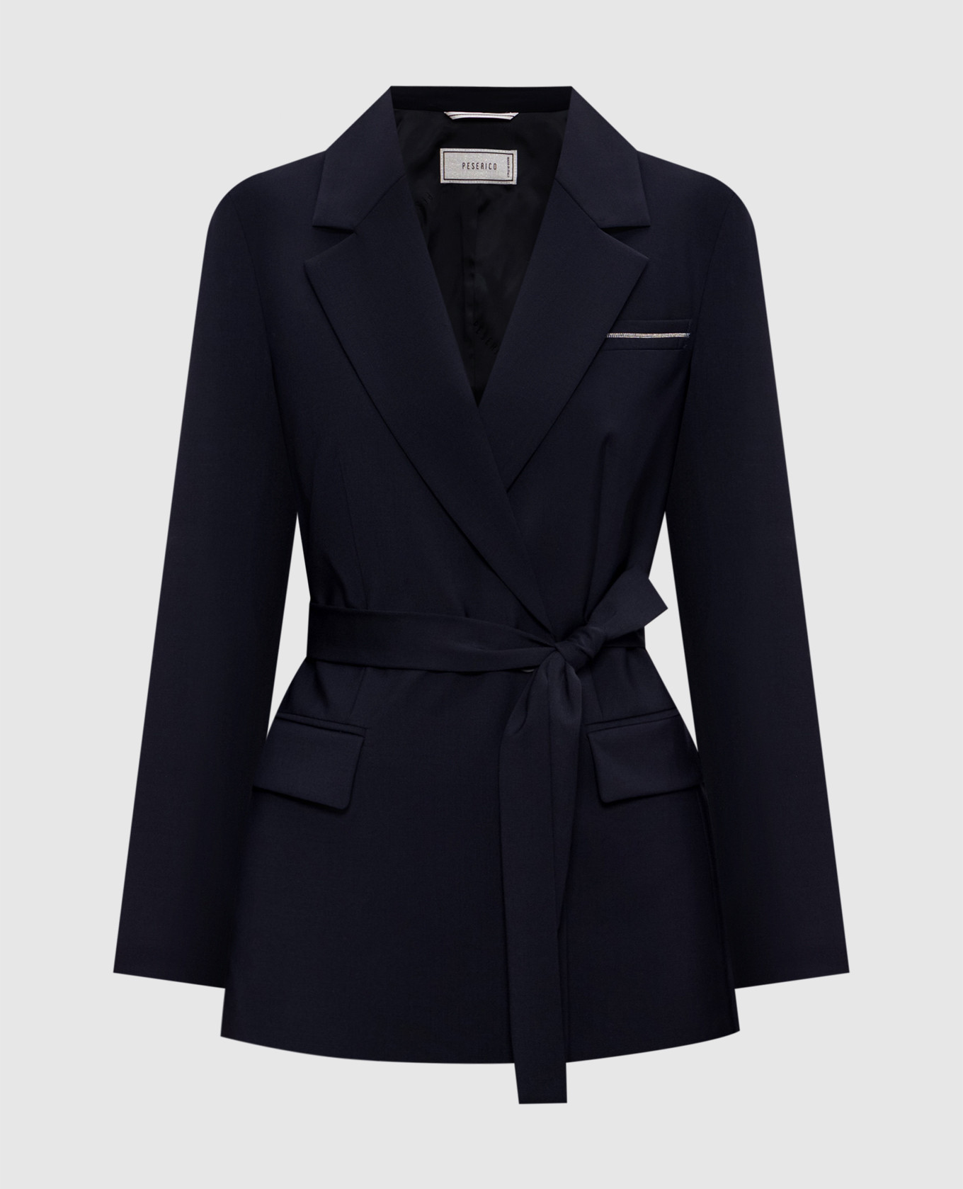 Navy double-breasted wool jacket with monil chain