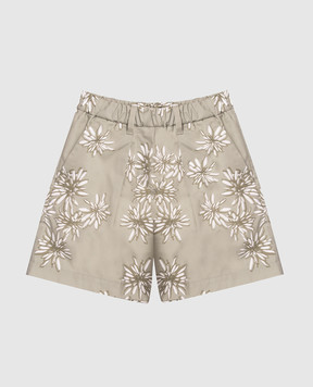 Brunello Cucinelli Children's green shorts in a floral print with a monil chain BQ970P209B