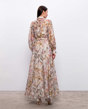 Nissa Beige linen and silk dress with floral print RC16550