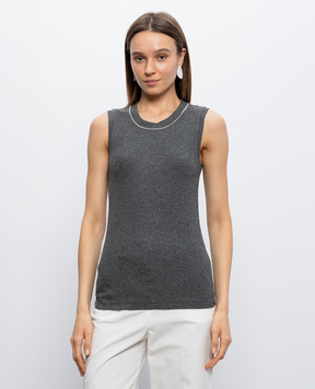 Peserico Gray ribbed tank top with monil chain A08700J002351