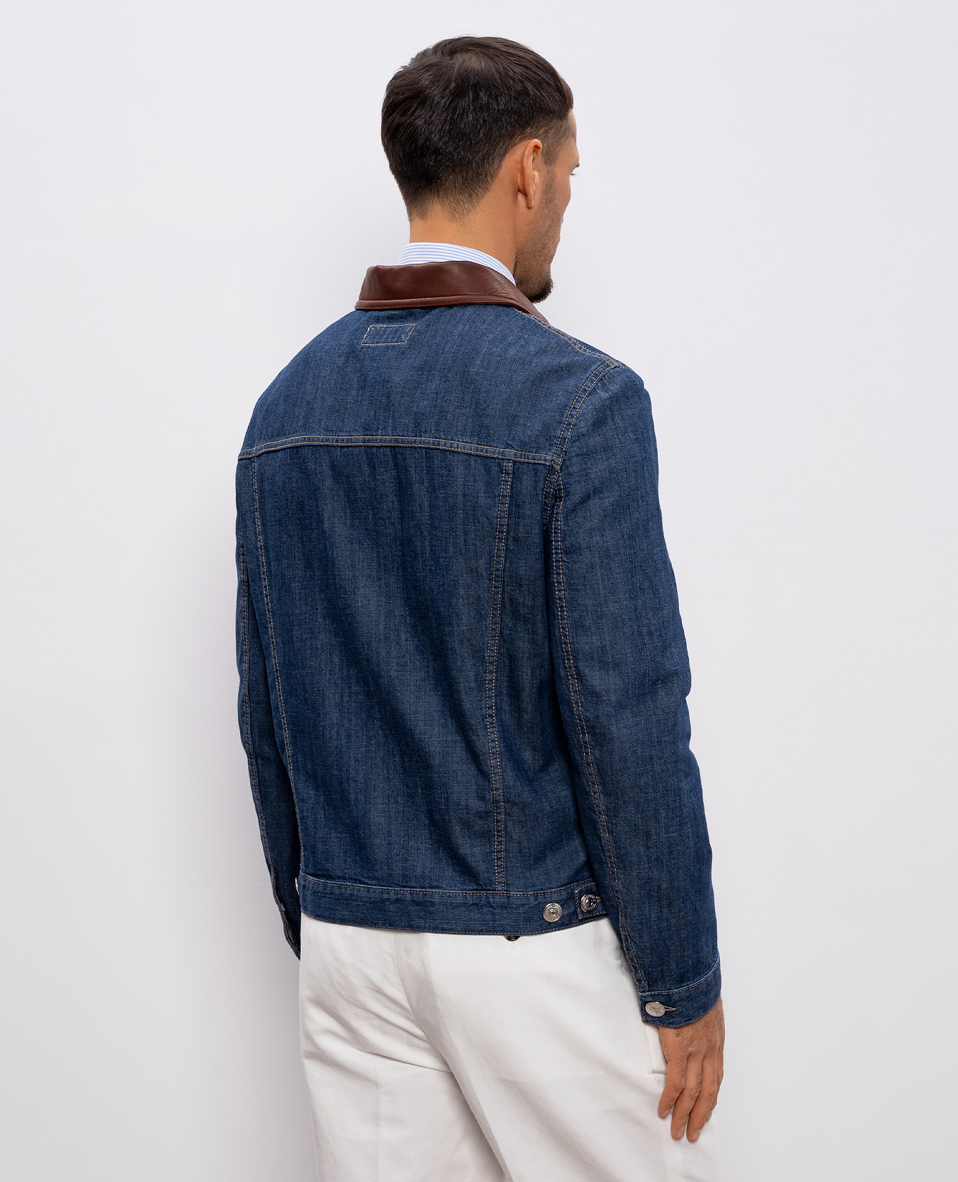 

Blue denim jacket with leather collar Brunello Cucinelli