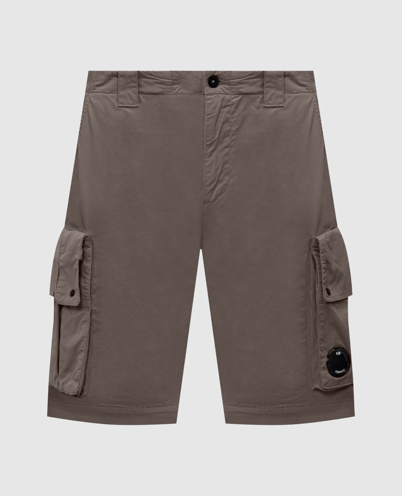 Grey cargo shorts with textured logo patch