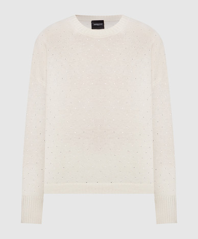 Elfenbeinfarbener Kaschmirpullover mit Kristallen