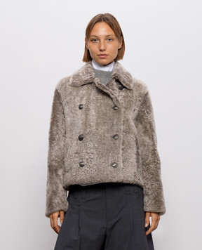 Brunello Cucinelli Beige cropped double-breasted sheepskin coat Fuzzy MPMBP3126