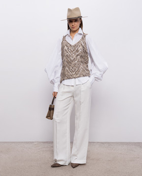 Brunello Cucinelli Beige silk top with embroidery and sequins MF940HN602
