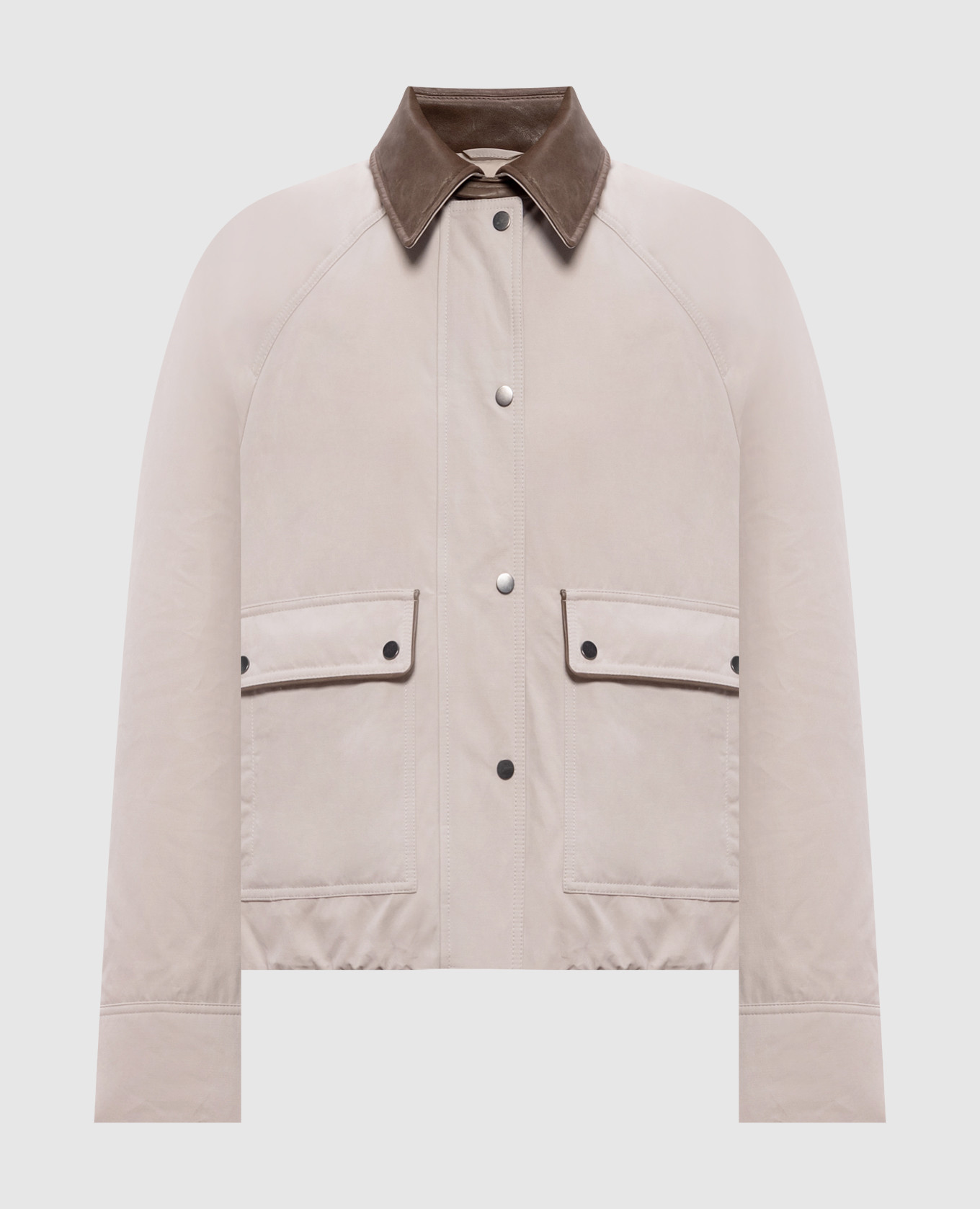 Beige down jacket with leather collar