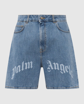 Palm Angels Blue denim shorts with logo print PAMYC001DN001