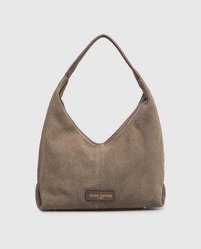 Gianni Notaro Brown suede hobo bag SUEDE with logo patch 867SUEDE