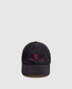 Brunello Cucinelli Blue suede cap with embroidered emblem MPCLF9850