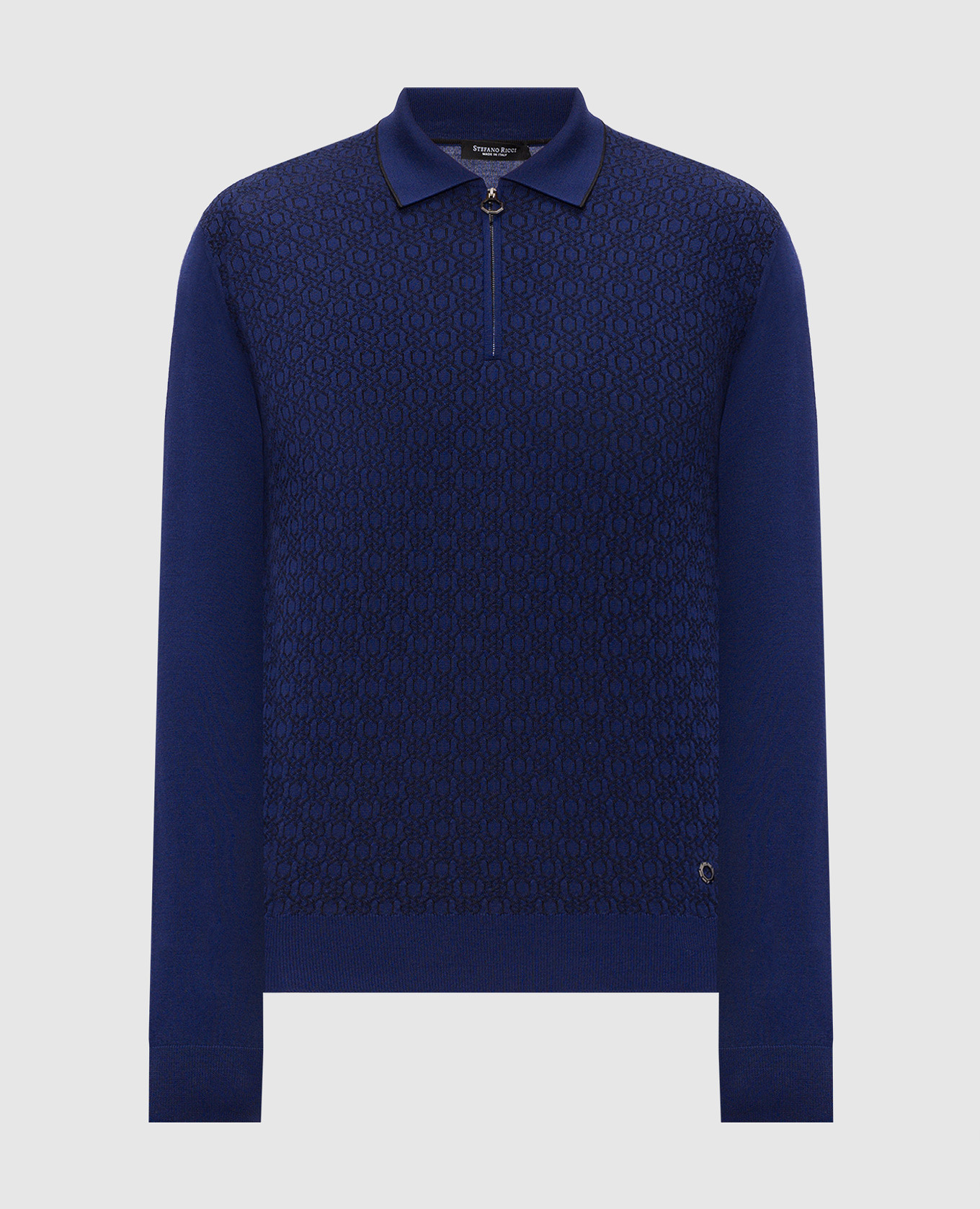 Blue wool and silk patterned polo shirt