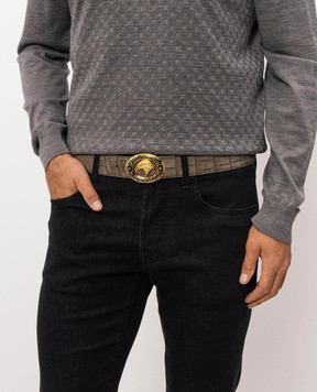 Stefano Ricci Khaki crocodile leather belt with textured emblem N381CNC597T3