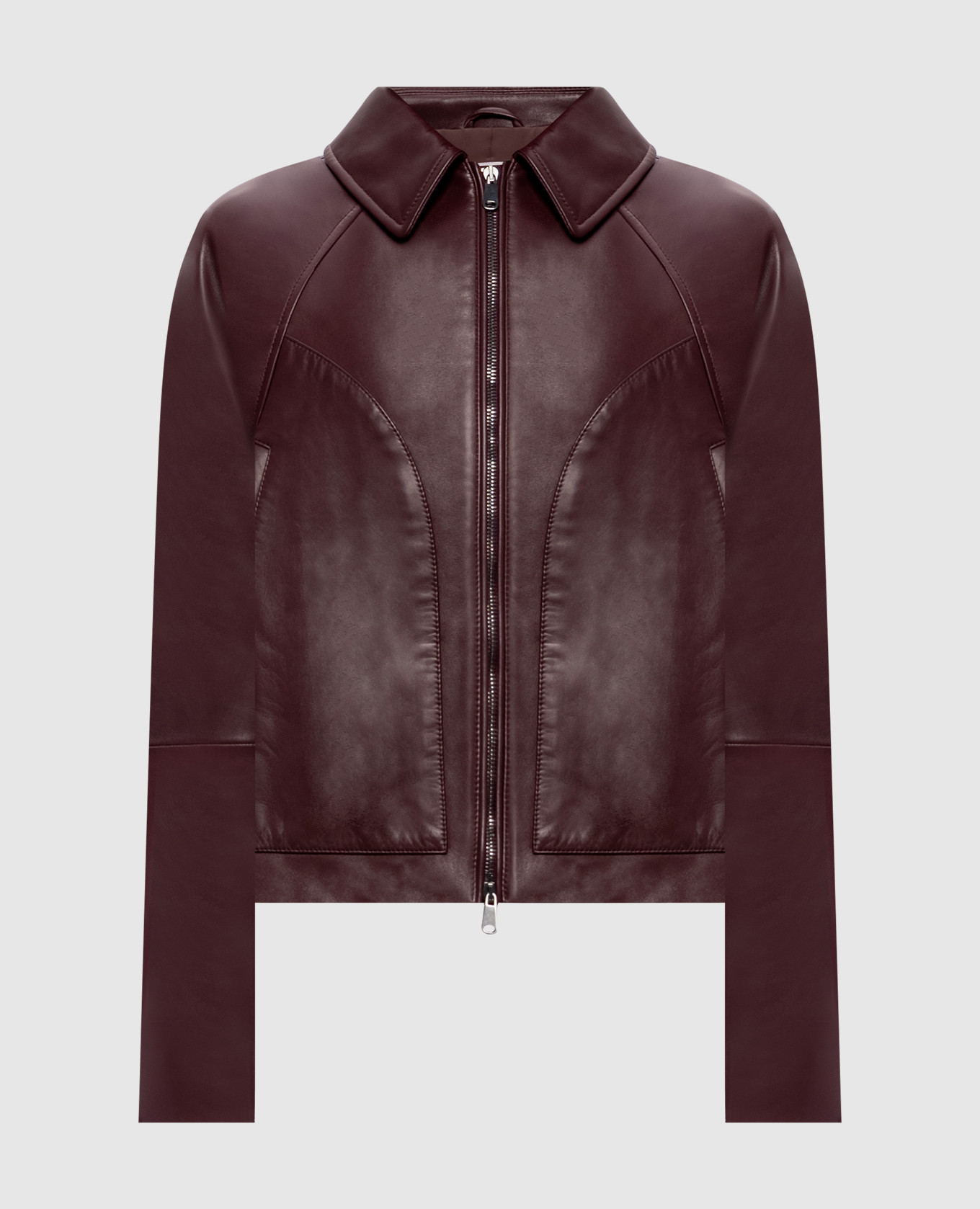 Burgundy leather jacket with monil chain
