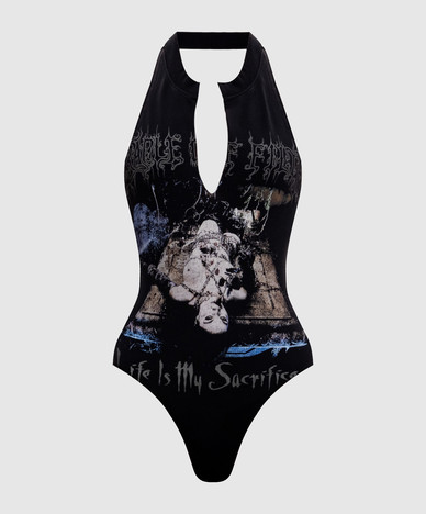 Black printed bodysuit with open back