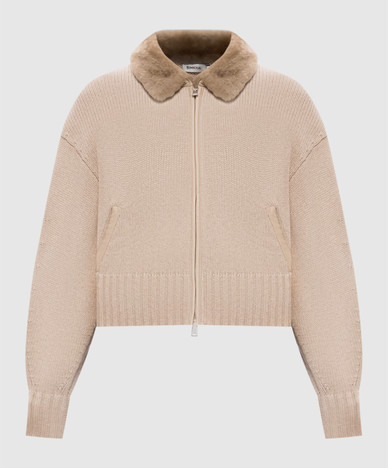 Beige Zorina cardigan made of wool and cashmere with fur