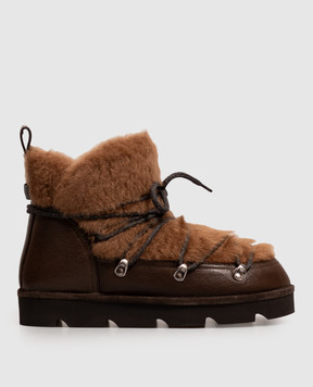 Brunello Cucinelli Brown leather moon boots with fur MZSLG3427