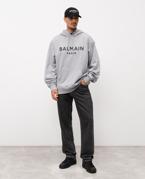 Balmain Grey melange hoodie with logo print GH1JR007BD46