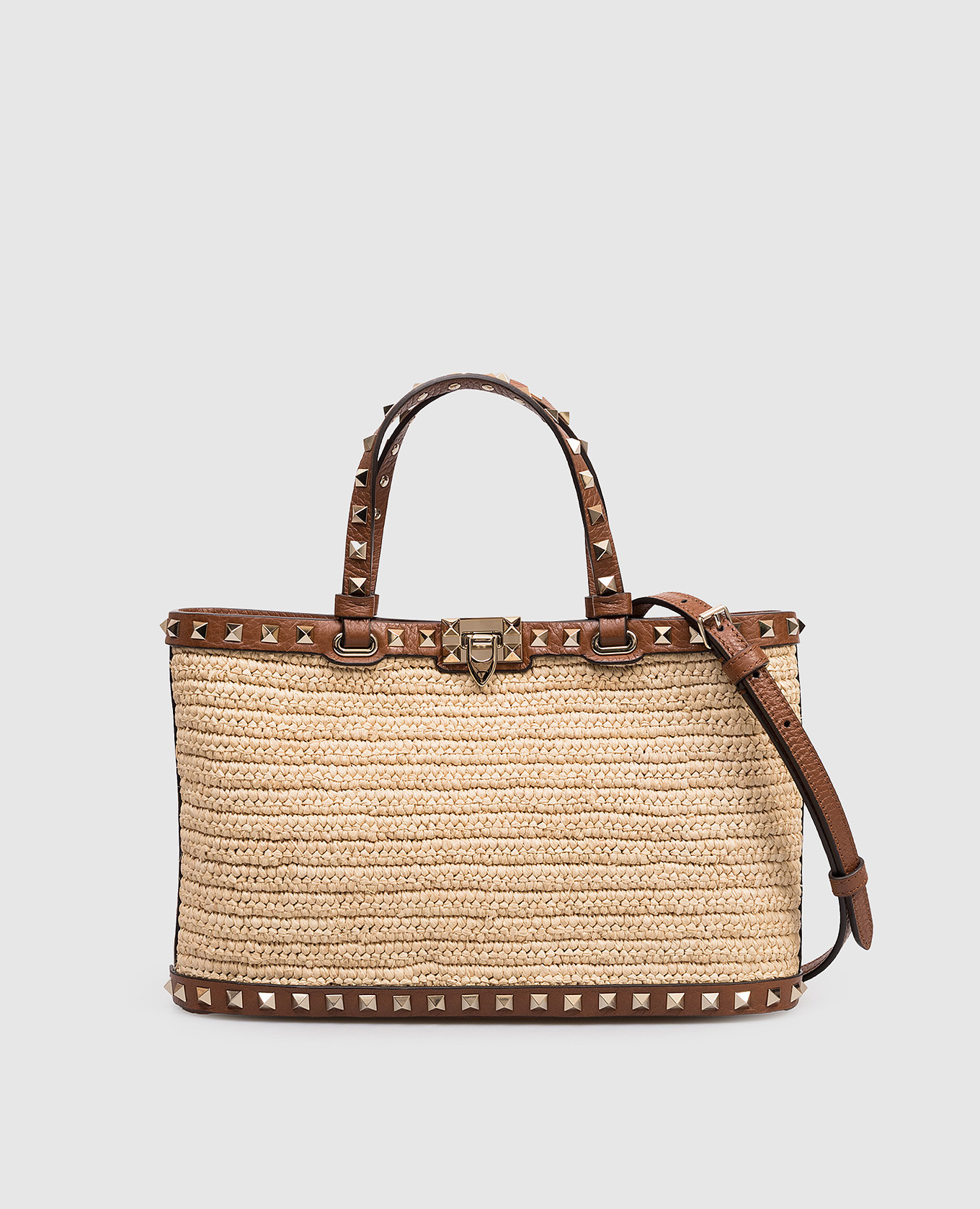 

Beige Rockstud raffia tote bag Valentino